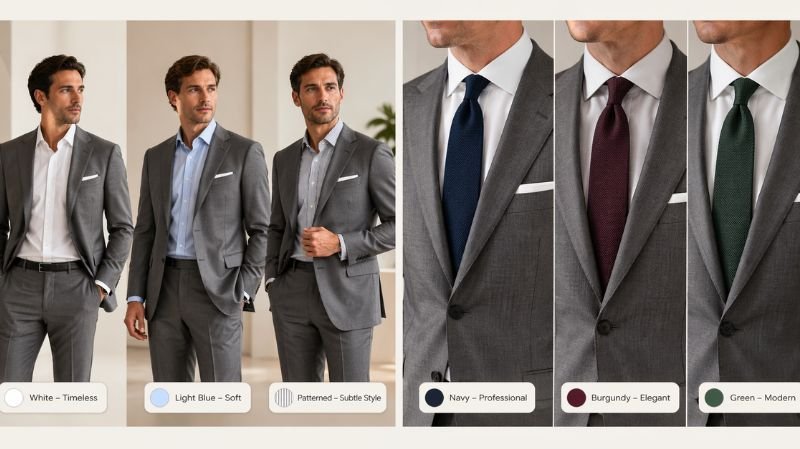 Best shirt and tie combinations with grey suit: white, light blue, patterned shirts with navy, burgundy, green ties