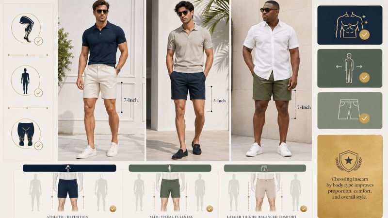 Best Shorts Inseam by Body Type infographic comparing 5-inch and 7-inch shorts for athletic, slim, and larger thigh builds