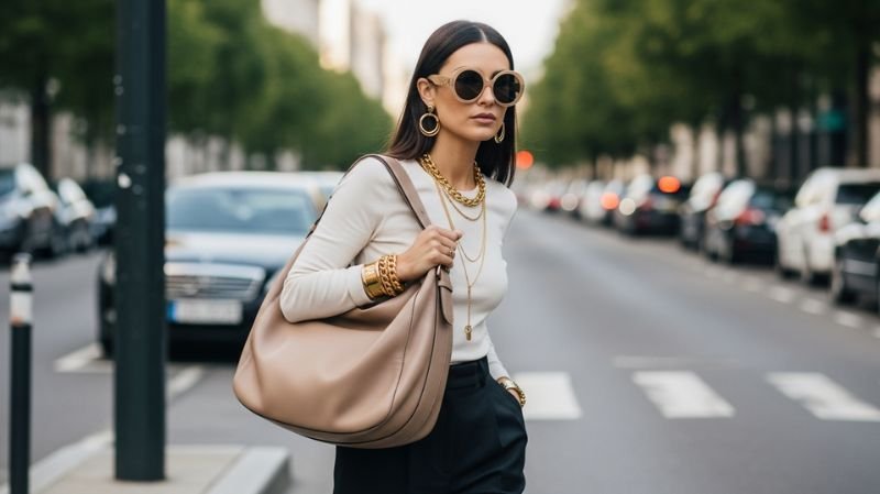 Big Bags and Oversized Accessories Are Back with large tote bag, bold gold jewelry, and chic modern street style look
