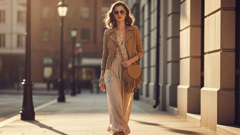 Boho-Chic Style Is Returning with flowy dress, suede jacket, fringe bag, and sunglasses in effortless street style look