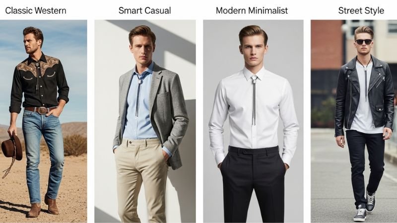 Bolo tie outfit ideas for men showing western, smart casual, minimalist, and street style looks with modern styling