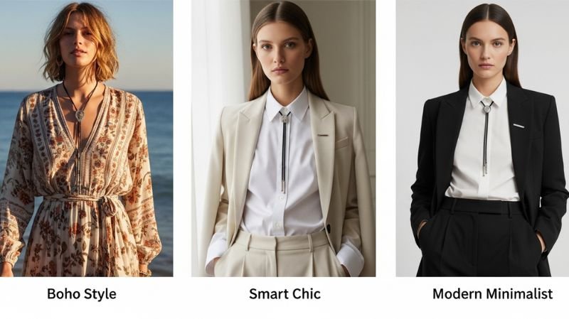 Bolo Tie Outfit Ideas for Women featuring boho dress, smart blazer look, and minimalist monochrome styling