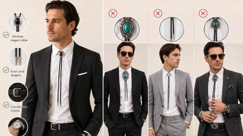 Bolo Tie Style Rules (Do’s & Don’ts): correct vs incorrect bolo tie styling with balanced outfit and common mistakes