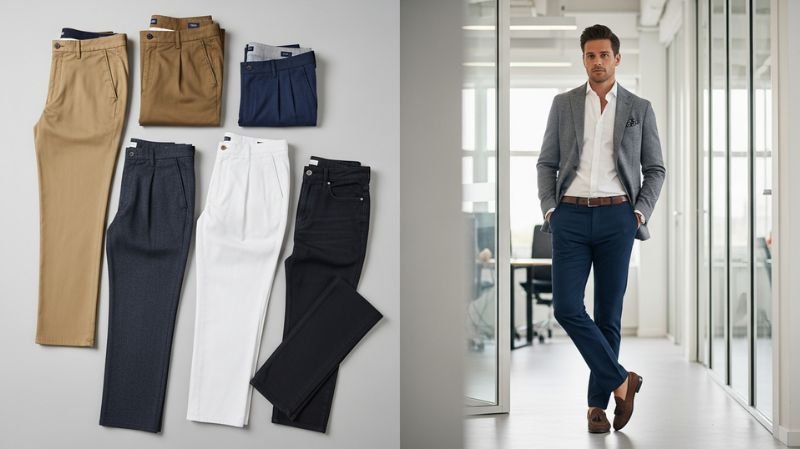 Men’s chinos and tailored pants styled for office wear, showcasing bottoms that balance comfort and professionalism