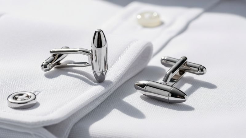 Bullet Back Cufflinks on white shirt cuff close-up, showing classic design, polished finish, and proper formal styling detail