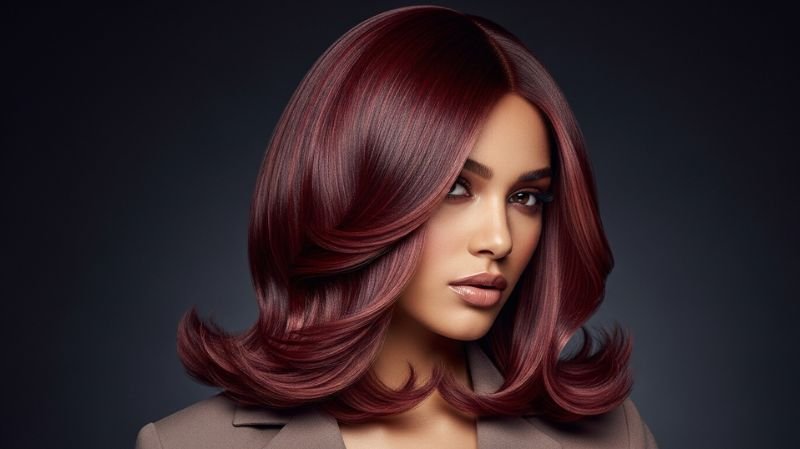 Burgundy highlights and ombre for neutral skin tones on voluminous layered hair with glossy finish and soft waves