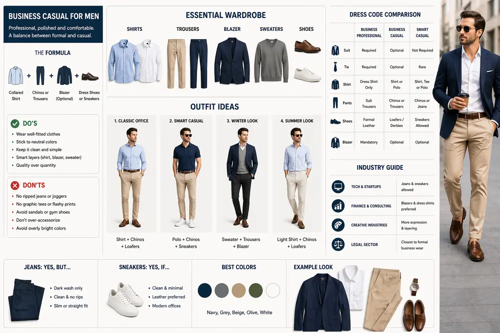 Business casual dress code men guide with outfit ideas, essentials, and clean styling tips for modern professional looks