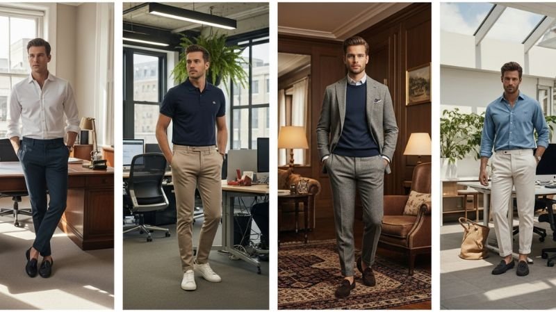 Business Casual Outfit Ideas for Men with shirts, polos, chinos, blazer and smart sneakers in modern office looks