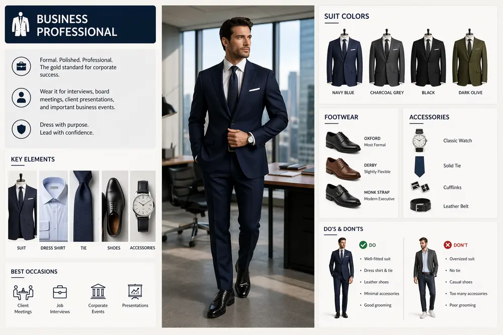 Business professional attire men guide with navy suit, formal shoes, tie, accessories and corporate style tips for 2026