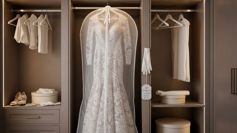 Care & Preservation of Pnina Tornai Gowns in breathable garment bag with lace dress storage essentials