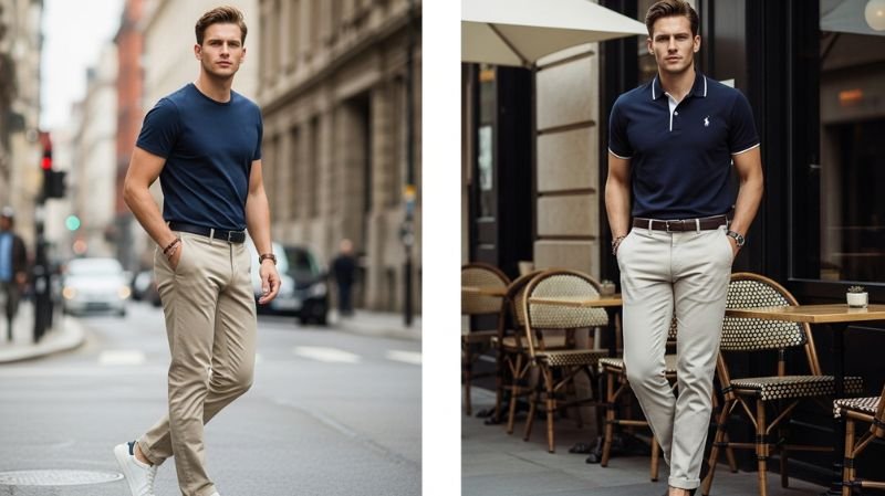 Men styling chinos in casual looks with t shirts and polos, clean versatile outfits perfect for everyday smart casual wear