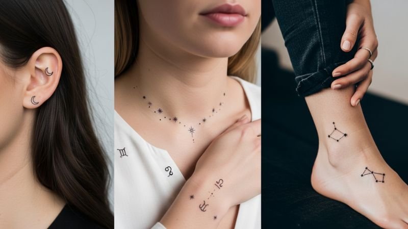 Small Ladies Tattoos Designs: Minimal & Trendy Ideas for Women Celestial & Astrology Themes tattoos with moon, stars, zodiac symbols and constellation designs for women