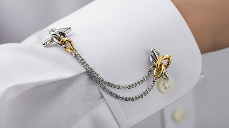 Chain Link Cufflinks on white French cuff shirt with dual chain design, offering flexible fit and elegant menswear styling