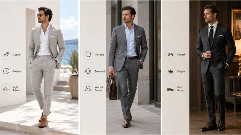 Choosing the Right Brown Dress Shoes with grey suits: light, medium, and dark brown styles for casual to formal looks