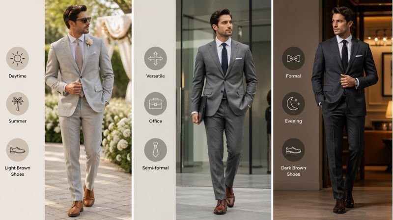 Choosing the Right Shade of Grey Suit infographic with light, medium, and dark grey suits paired with brown shoes
