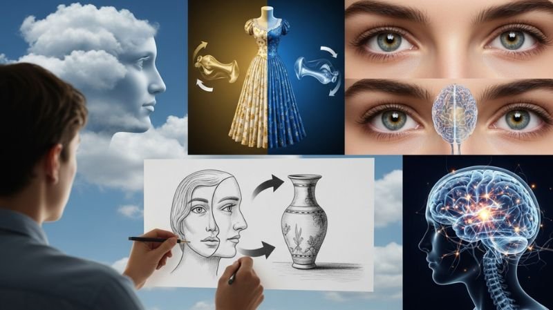 Cognitive Optical Illusions showing hidden faces, dress illusion, and images with two meanings