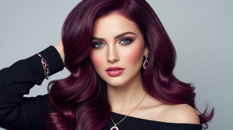 Cool burgundy hair color for fair skin tones, featuring soft waves, glowing makeup, and elegant modern beauty styling