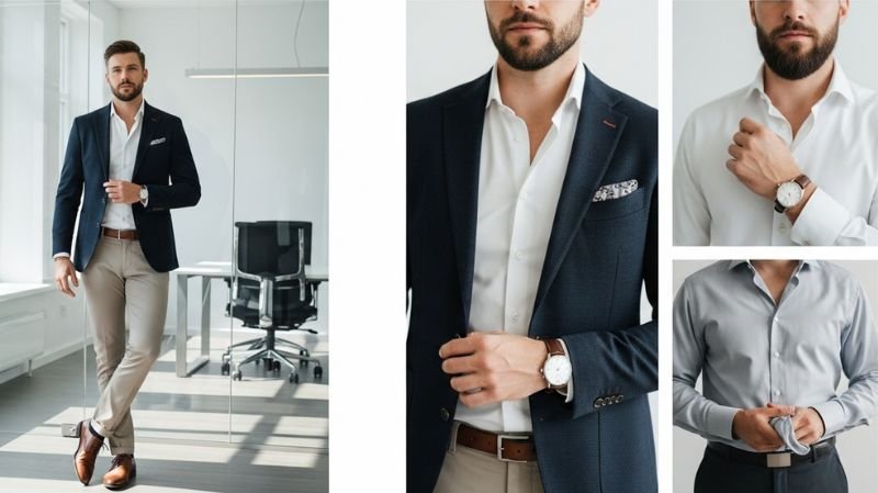 Man in blazer, shirt, and chinos styled for office wear showing corporate casual dress code rules every man should follow