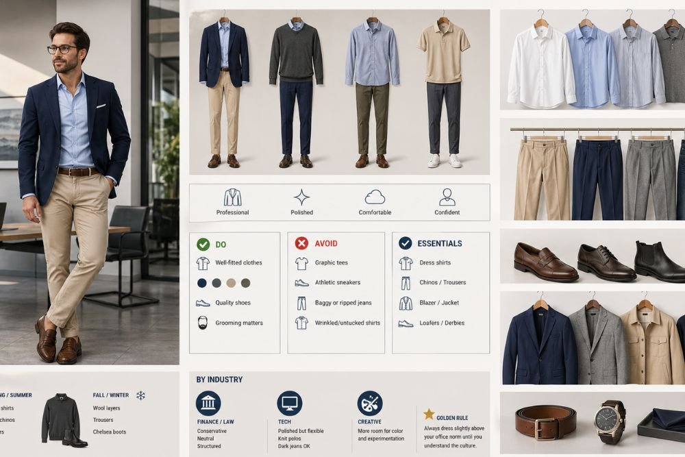 Corporate casual dress code men guide with blazer, chinos, dress shirts, loafers and do & don’t office style tips
