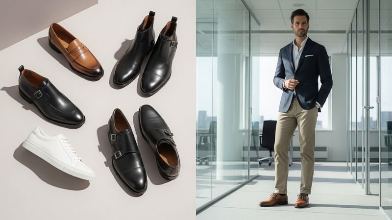 Men’s corporate casual shoes including loafers, dress shoes, boots, and sneakers that elevate your look at the office