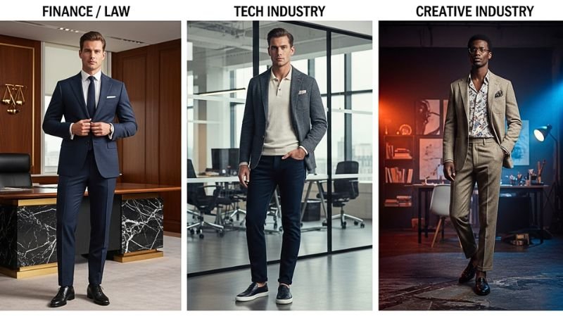 Corporate Casual by Industry showing finance formal suit, tech smart casual blazer, and creative relaxed tailored style