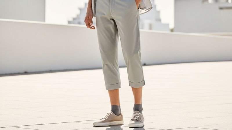 Man wearing cropped chinos with above ankle length, modern casual fit paired with sneakers for a clean summer style