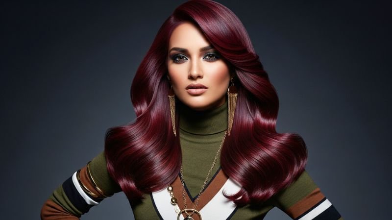 Deep mahogany burgundy hair for olive skin tones with glossy waves, rich depth, and bold glamorous styling