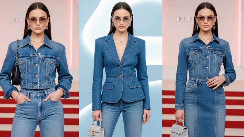 Denim on denim outfits with modern tailoring, matching jackets, jeans, and skirts in a Y2K-inspired fashion look