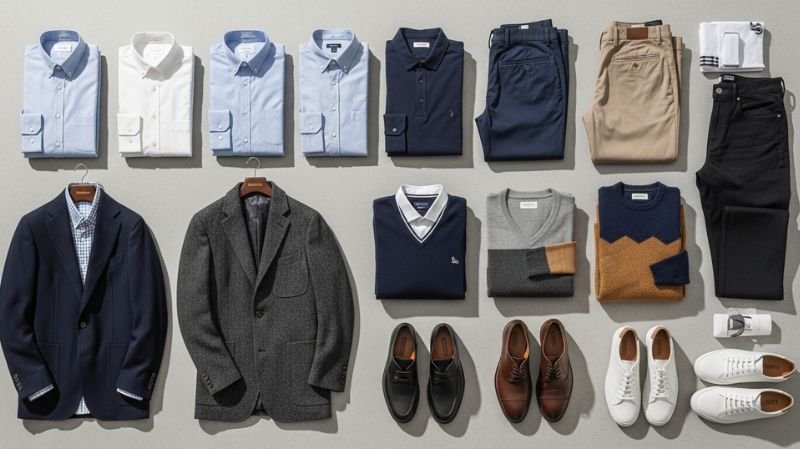 Essential Business Casual Clothing Items for Men flat lay with shirts, chinos, blazers, sweaters and versatile shoes