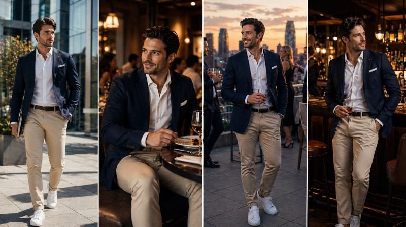Example of Smart Casual Styling: man in navy blazer, white shirt, beige chinos and white sneakers in urban day-to-night looks