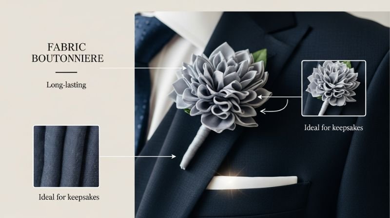 Fabric Boutonniere on suit lapel, long-lasting floral accessory ideal for weddings, keepsakes, and formal event styling