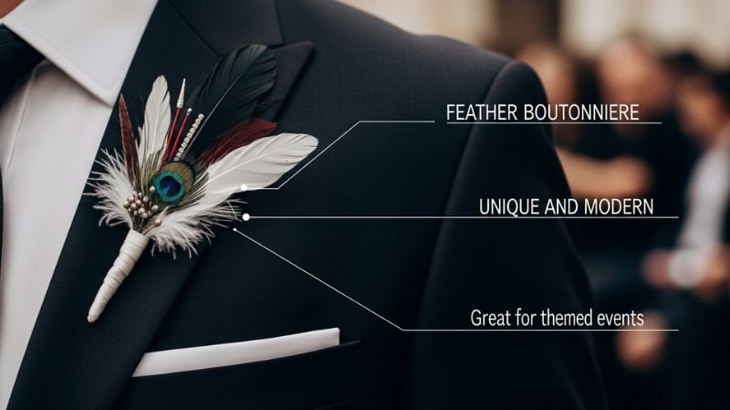 Feather Boutonniere on black suit with peacock feather, modern wedding accessory for groom, stylish and unique formal wear
