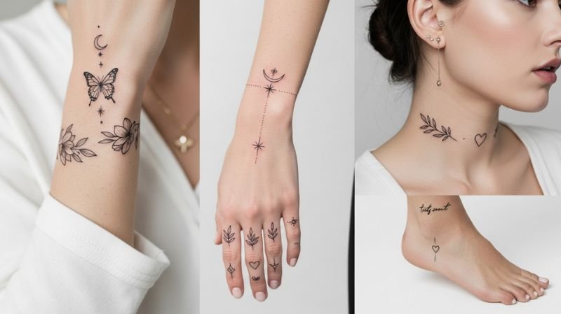 Small Ladies Tattoos Designs: Minimal & Trendy Ideas for Women Fine Line Tattoos featuring delicate minimalist designs on wrist, fingers, neck, and ankle with elegant thin ink details