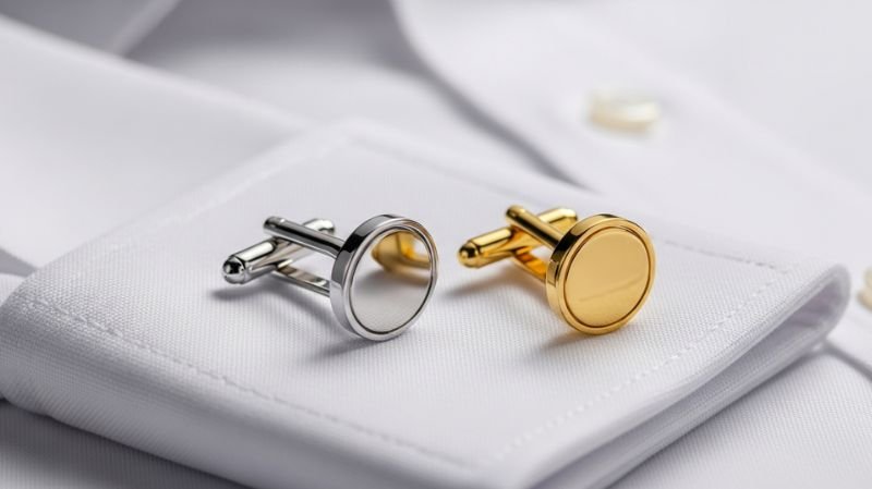 Fixed Back Cufflinks in silver and gold on crisp white shirt cuff, minimalist luxury men’s formal accessory detail