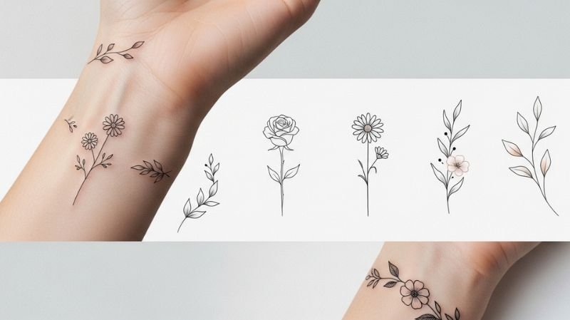 Small Ladies Tattoos Designs: Minimal & Trendy Ideas for Women Floral & nature-inspired tattoos on wrist with fine line flowers, leaves, and minimal botanical small tattoo designs