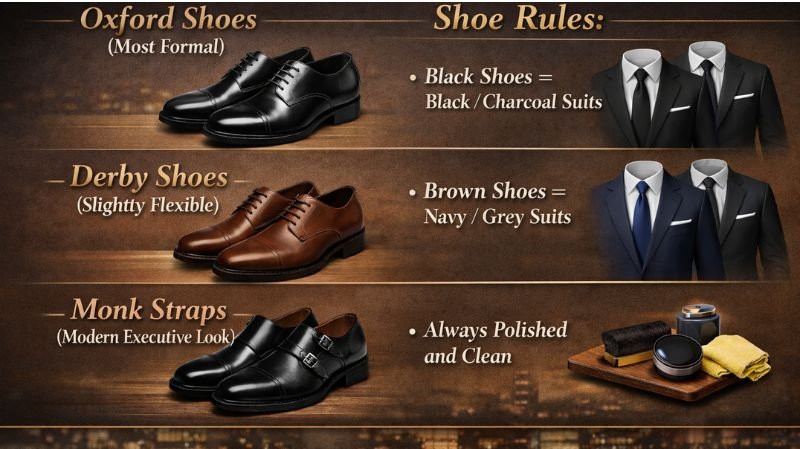 Footwear Guide for Business Professional Men with Oxford, Derby, Monk strap shoes and formal shoe color rules