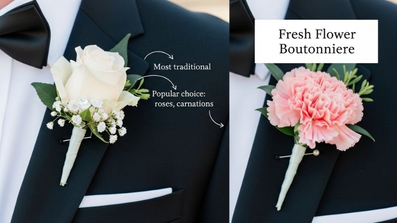 Fresh Flower Boutonniere on suit lapel featuring white rose and pink carnation, classic wedding floral accessory styling guide