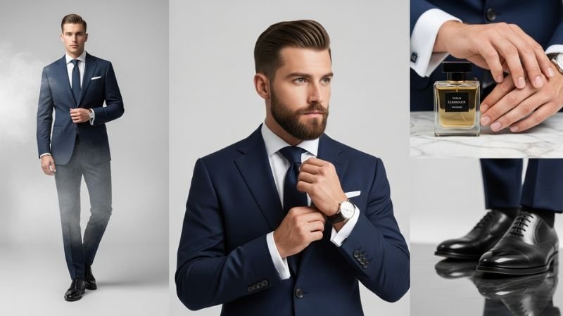 Grooming & Personal Presentation: businessman in navy suit with styled hair, watch, polished shoes and fragrance details