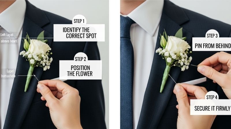 How Do You Put On a Boutonniere? Step-by-step guide showing correct lapel placement and pinning for a formal suit look
