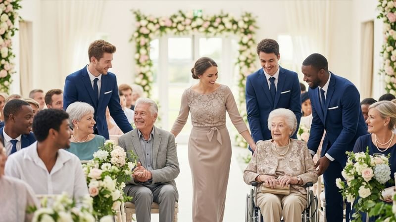 What Is Ushering at a Wedding and How It Benefits Guests Wedding ushers guiding guests and assisting elderly attendees, showing how wedding ushers improve guest experience