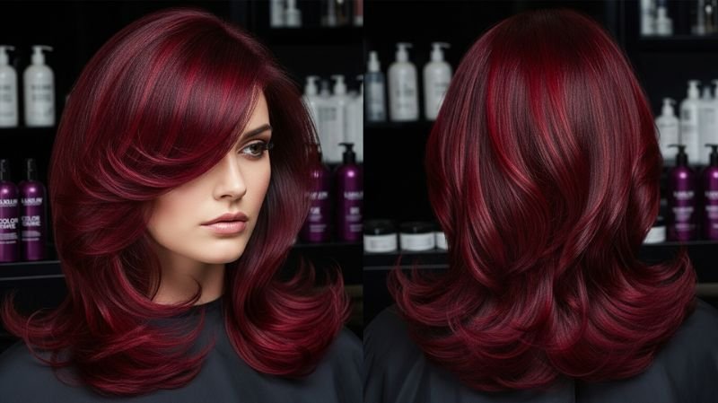 How to maintain burgundy hair color with glossy layered waves and vibrant shine from root to tip in salon-style finish