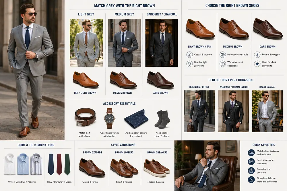 Grey suit with brown dress shoes style guide showing shade matching, outfit ideas, and modern men’s fashion combinations
