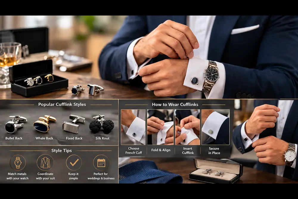 How to use cufflinks step by step with real images, showing styles, proper placement, and elegant men’s fashion details