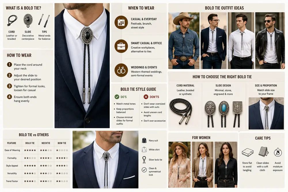 How to wear a bolo tie guide showing formal and casual styling, outfit ideas, and proper placement for modern fashion looks
