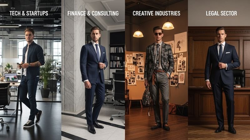 Industry-Based Dress Code Differences showing tech, finance, creative and legal office outfit styles for men