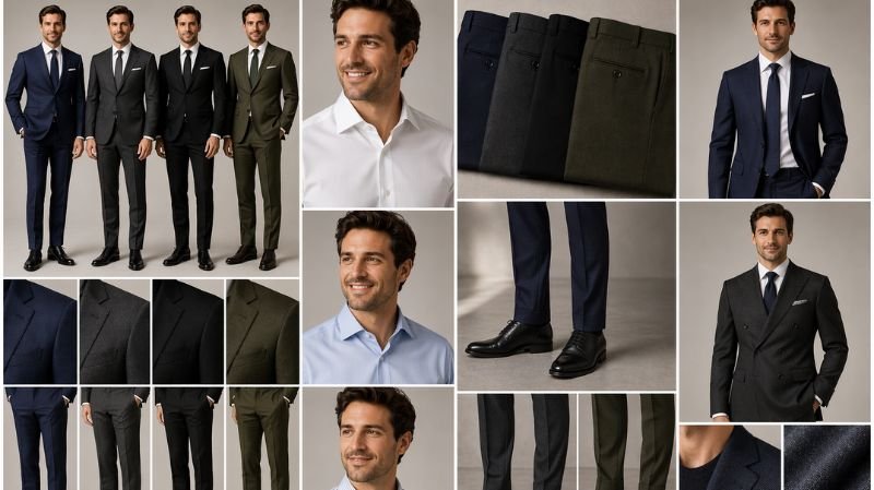 Key Elements of Business Professional Wardrobe with tailored suits, dress shirts, formal shoes, and modern men’s styling