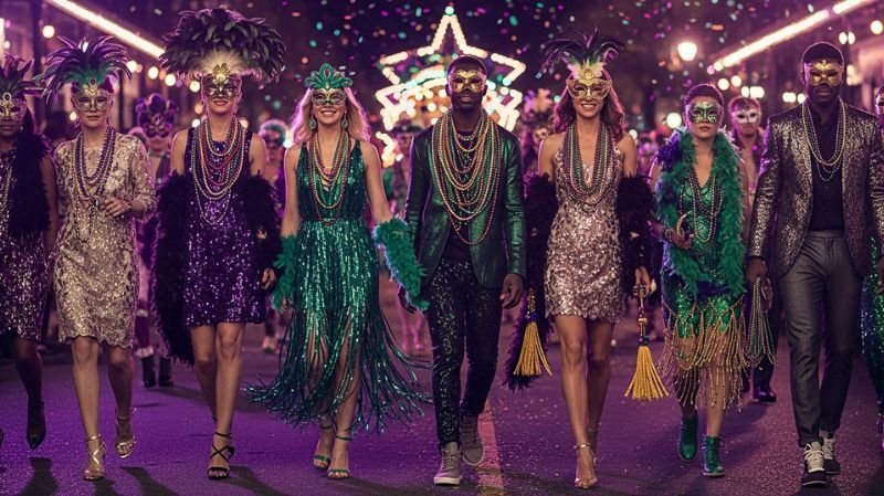 What to Wear to a Mardi Gras Party: Top Outfit Ideas Key Elements of a Perfect Mardi Gras Outfit with masks, beads, sequins, feathers, fringe, and festive colorful styling