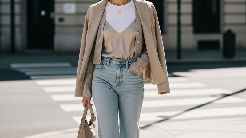 Layering Trends From 2006 Are Making a Comeback with camisole over tee, cardigan, blazer, and casual denim street style
