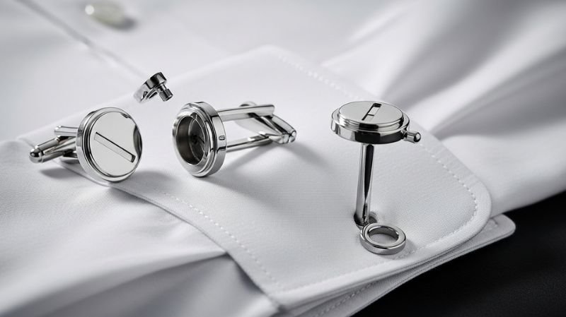 Close-up of silver Locking Cufflinks on a white dress shirt cuff, highlighting secure mechanism and sleek formal style