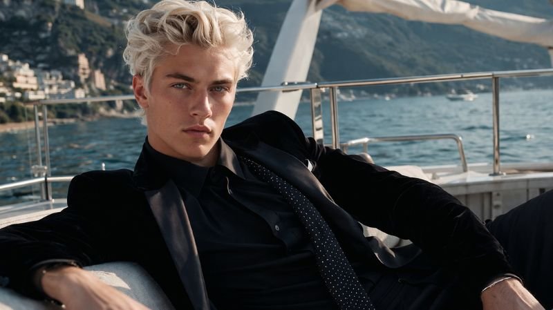 Top 5 Famous Male Models of All Time Lucky Blue Smith in a sleek black suit, platinum hair, striking features, high-fashion editorial on a yacht backdrop.